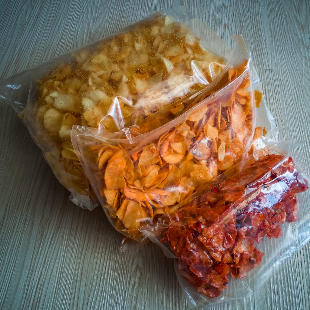 malaysian traditional chips in clear plastic packaging